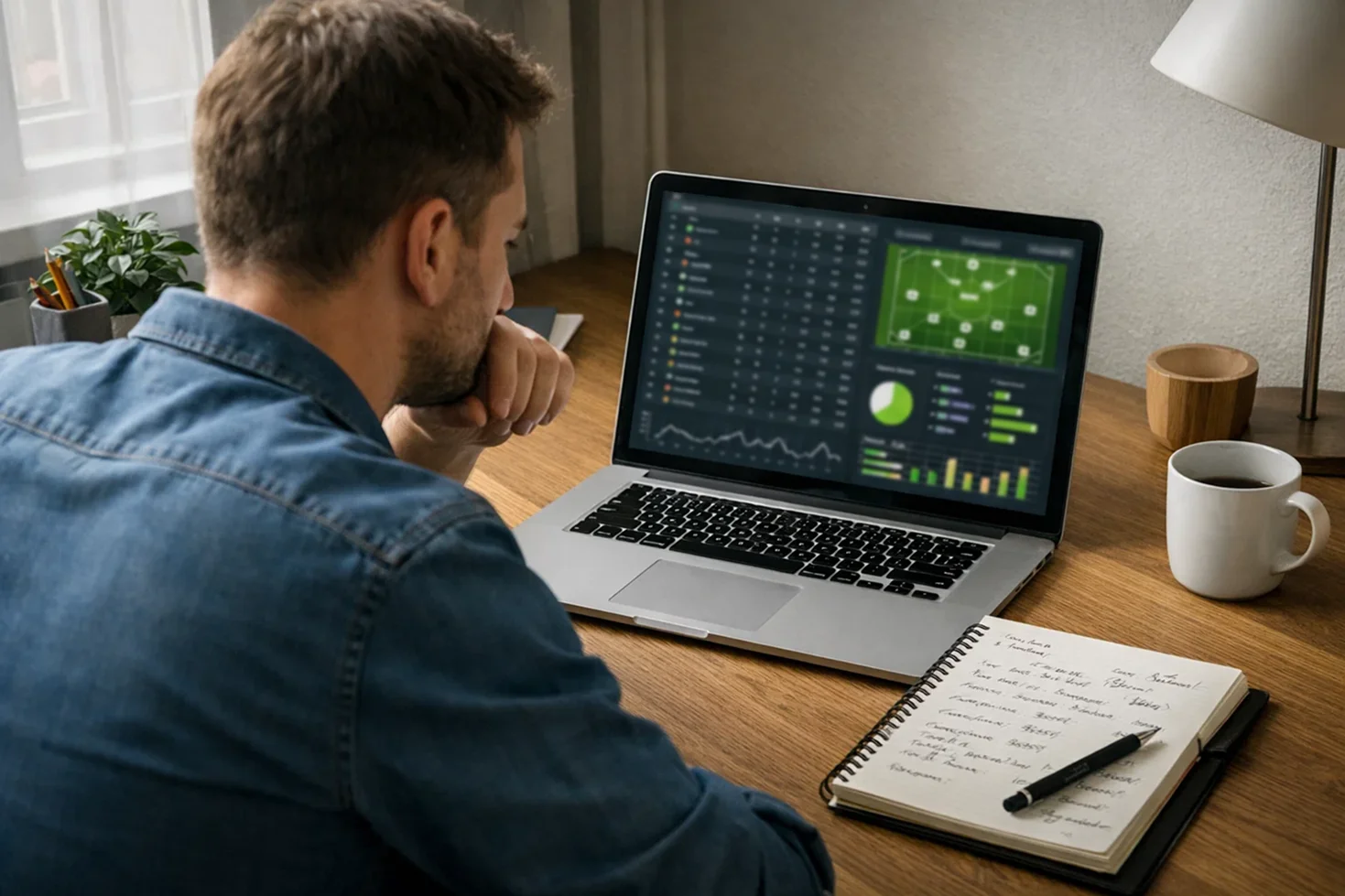 Person analysiert Fußballstatistiken auf einem Laptop mit Notizblock