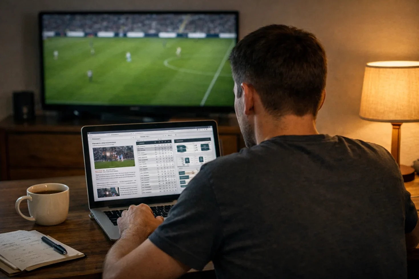 Person analysiert Sportnachrichten am Laptop mit Fußballspiel auf dem Fernseher im Hintergrund