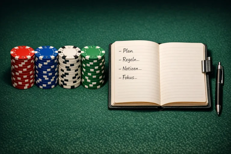 Stapel sortierter Pokerchips neben einem Notizbuch auf einem grünen Tisch