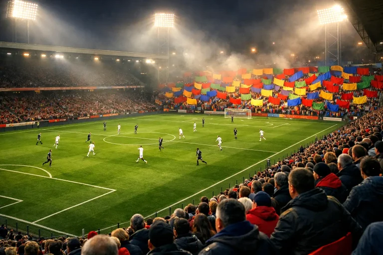 Volles Bundesliga-Stadion bei einem Abendspiel mit Choreografie der Fans