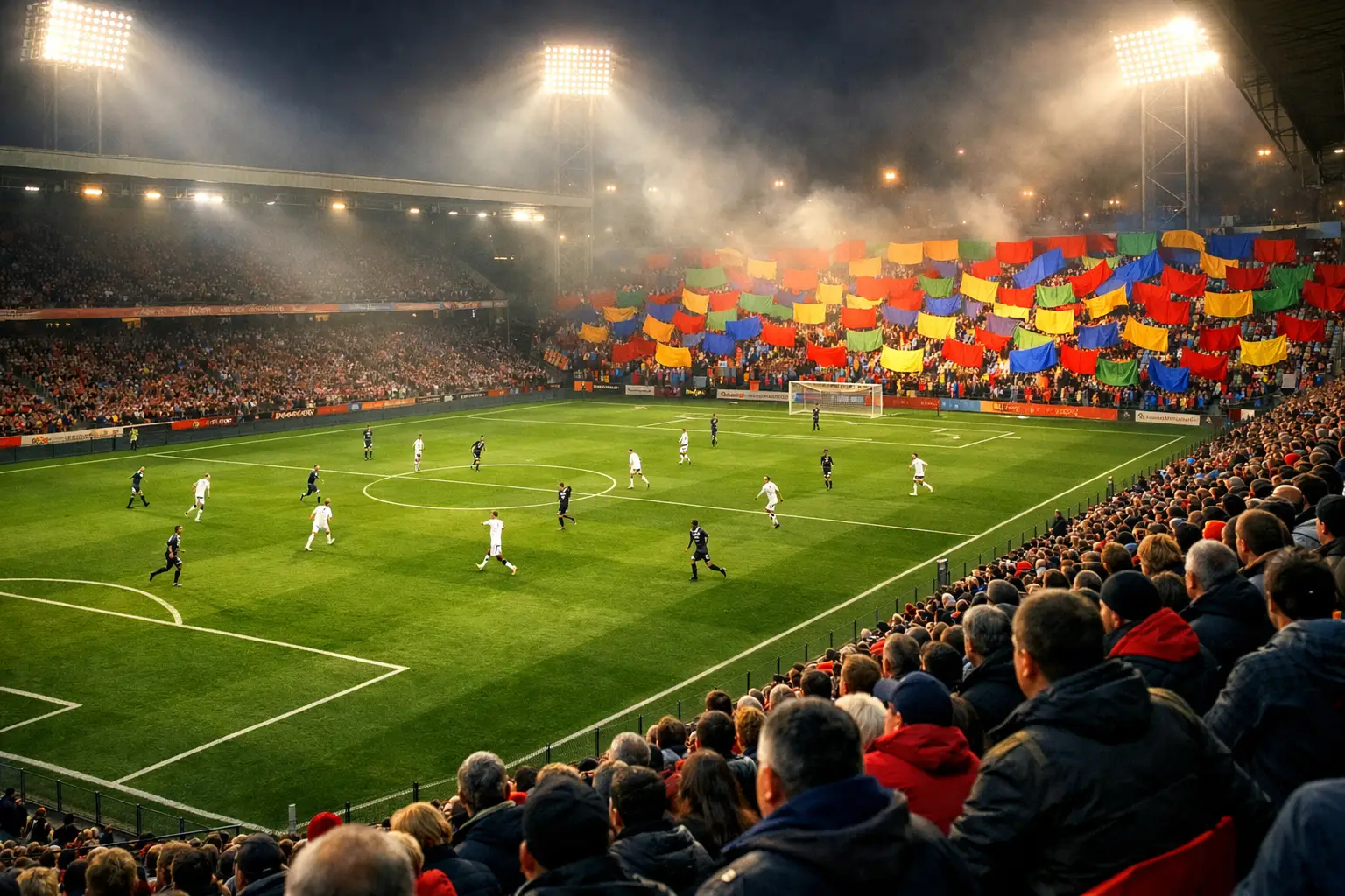 Volles Bundesliga-Stadion bei einem Abendspiel mit Choreografie der Fans