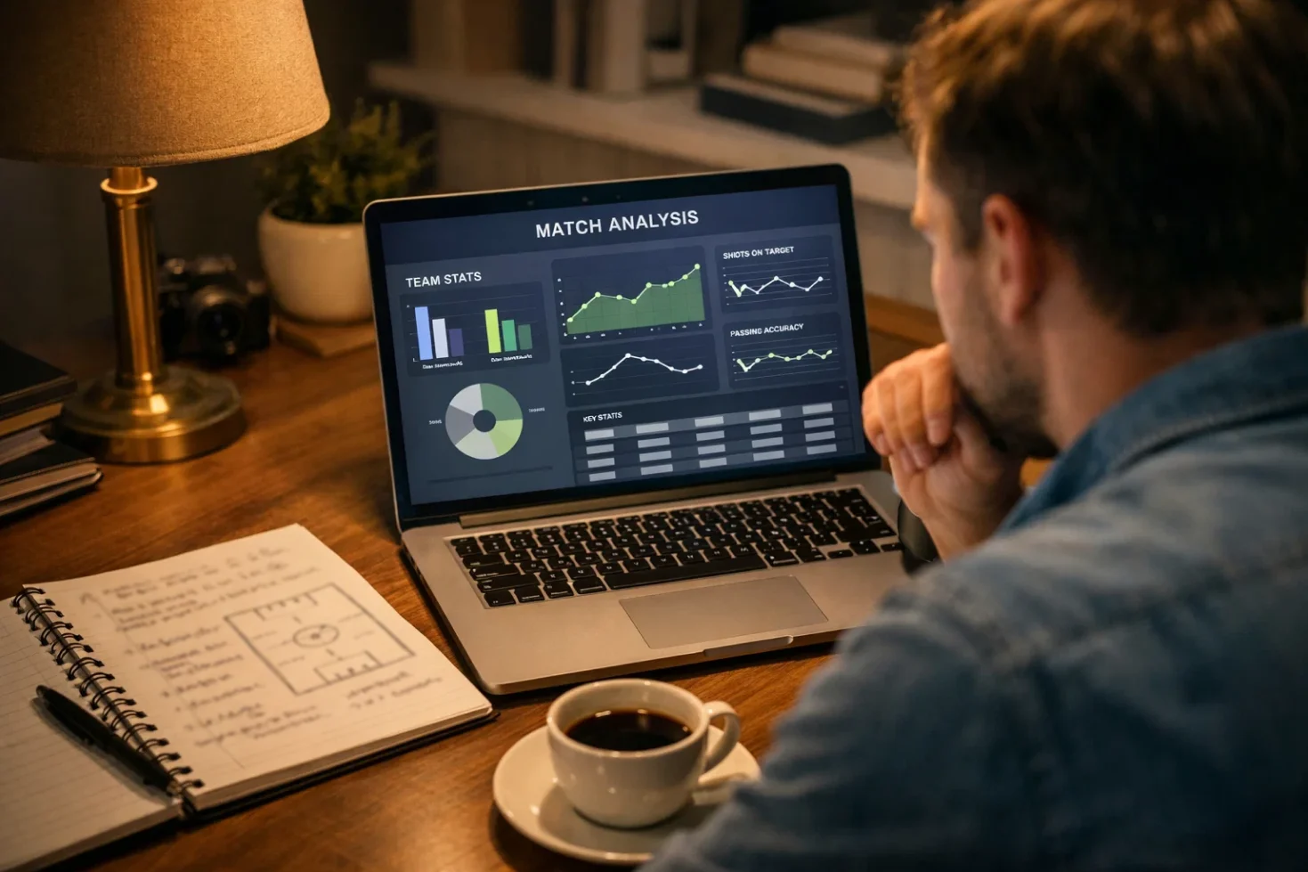Person analysiert Fußballstatistiken auf einem Laptop mit Notizen