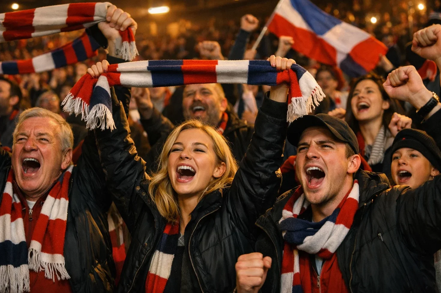 Begeisterte Fußballfans mit Schals und Fahnen auf der Tribüne eines Stadions