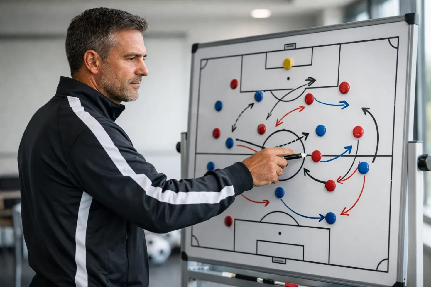 Fußballtrainer analysiert Spielzüge auf einer Taktiktafel