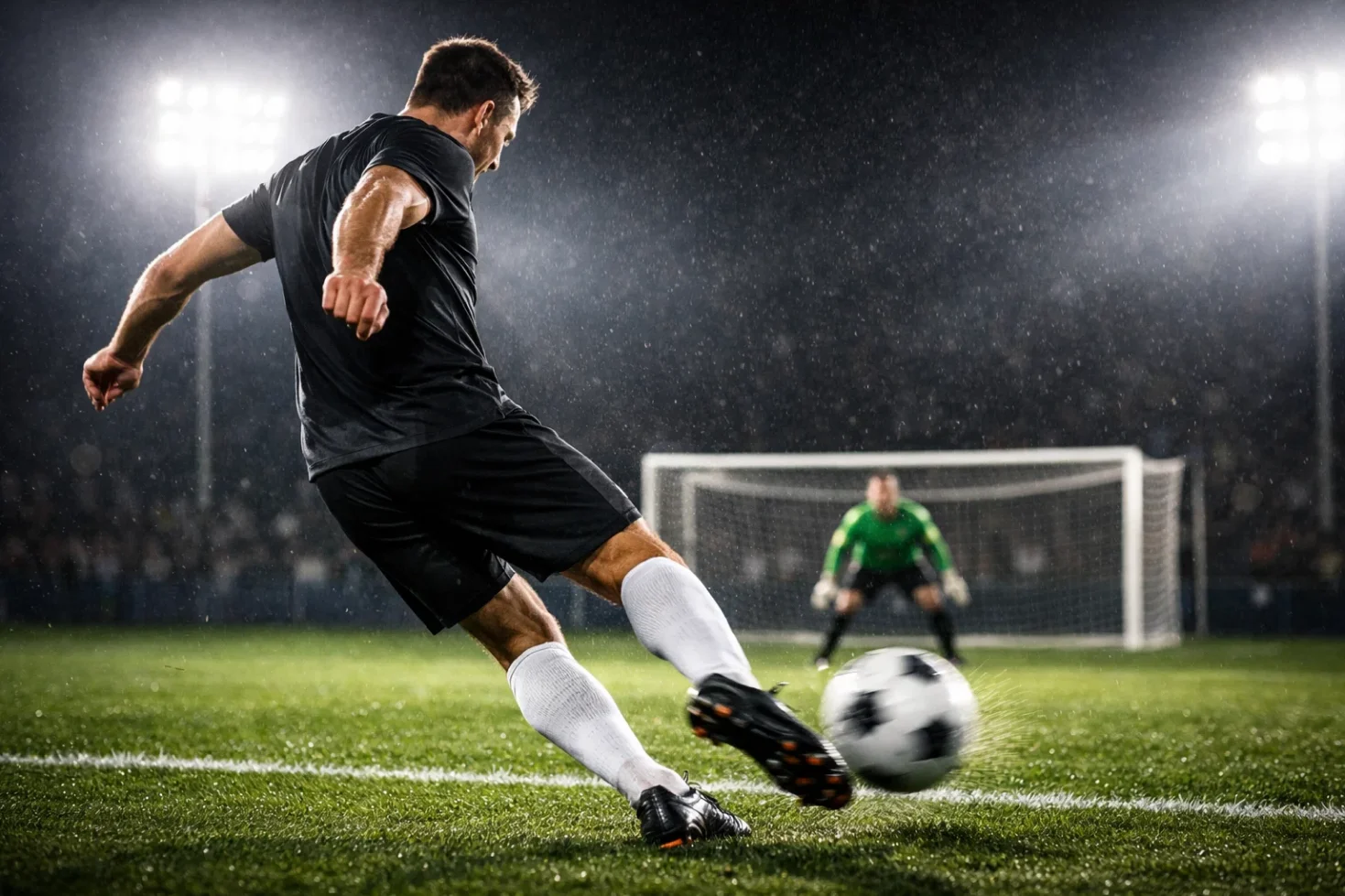 Fußballspieler schießt auf das Tor während eines Nachtspiels