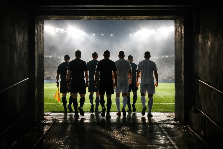 Fußballspieler betreten das Spielfeld durch einen Stadion-Tunnel bei Flutlicht