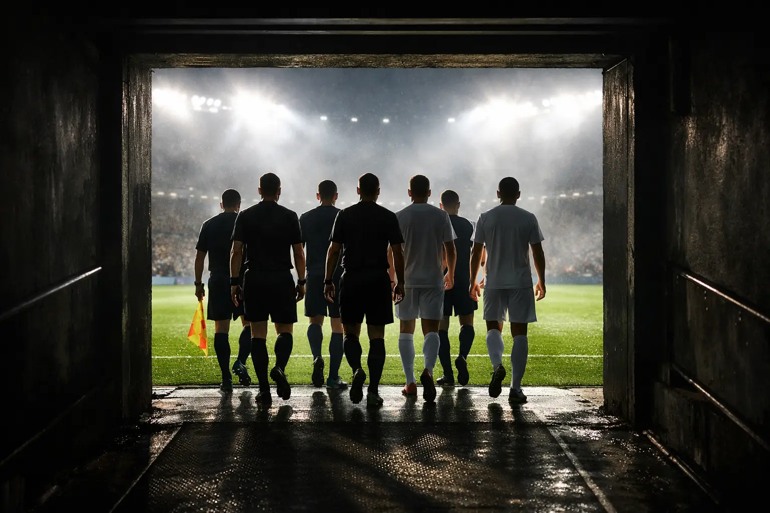 Fußballspieler betreten das Spielfeld durch einen Stadion-Tunnel bei Flutlicht