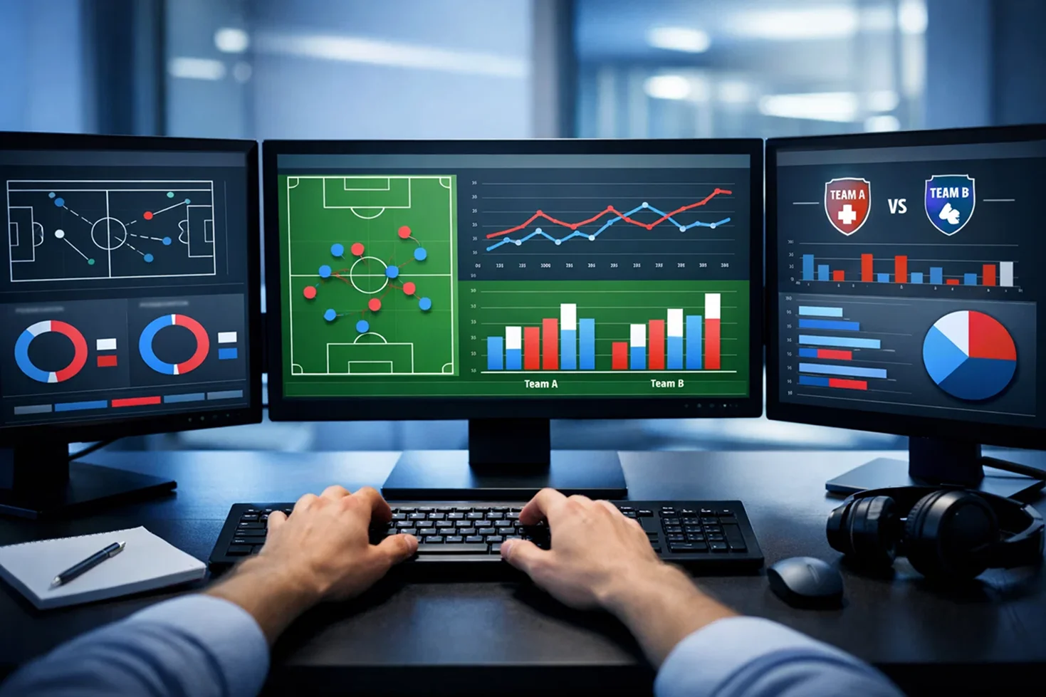 Datenanalyst betrachtet Fußballstatistiken und Diagramme auf mehreren Bildschirmen
