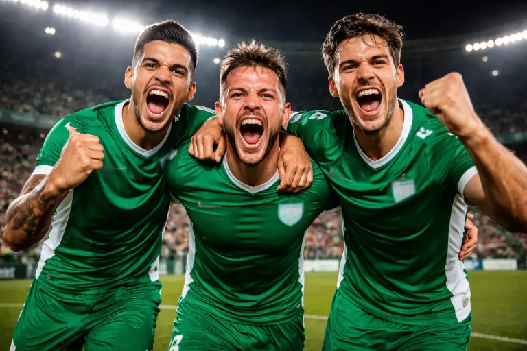 Jubelnde Amateurmannschaft auf einem kleinen Fußballplatz nach einem Pokalsieg