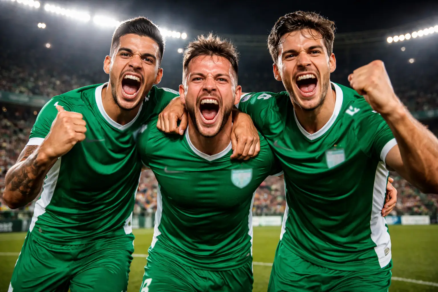 Jubelnde Amateurmannschaft auf einem kleinen Fußballplatz nach einem Pokalsieg