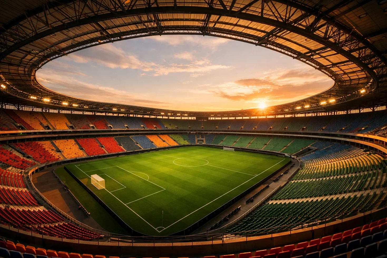 Panoramaansicht eines modernen europäischen Fußballstadions mit vollen Tribünen