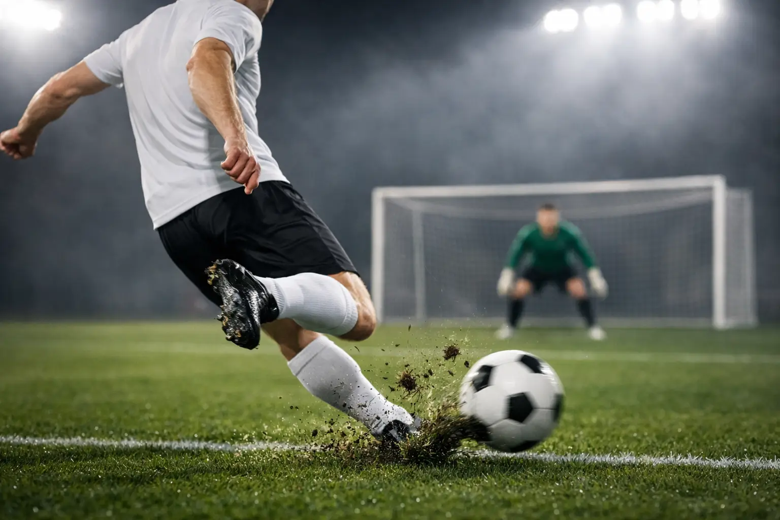 Fußballspieler schießt aufs Tor aus der Nähe des Strafraums im Flutlicht