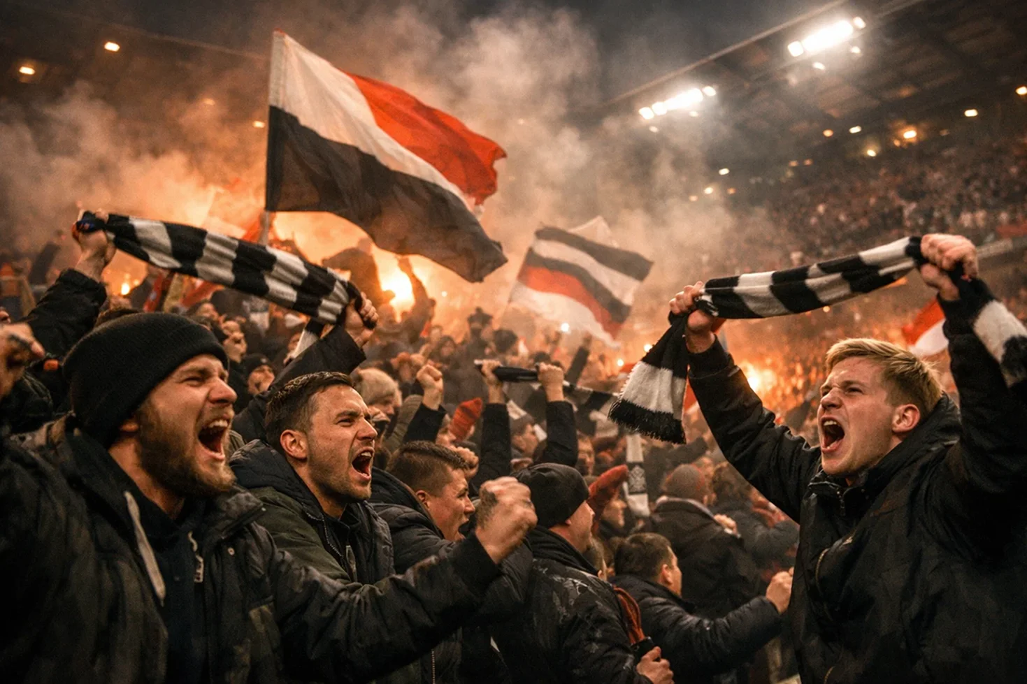 Intensive Derbyatmosphäre mit Fans und Fahnen im Bundesliga-Stadion