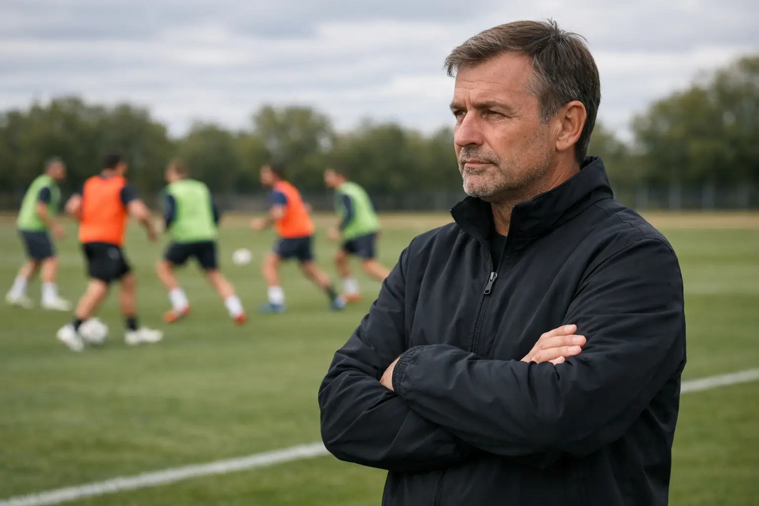 Fußballtrainer steht nachdenklich am Spielfeldrand und beobachtet das Training