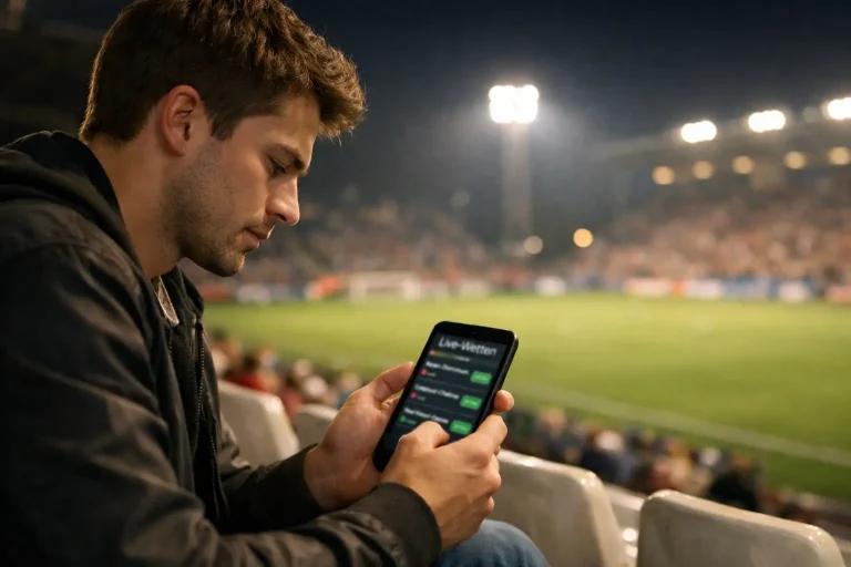 Junger Mann mit Smartphone verfolgt ein Fußballspiel im Stadion bei Flutlicht