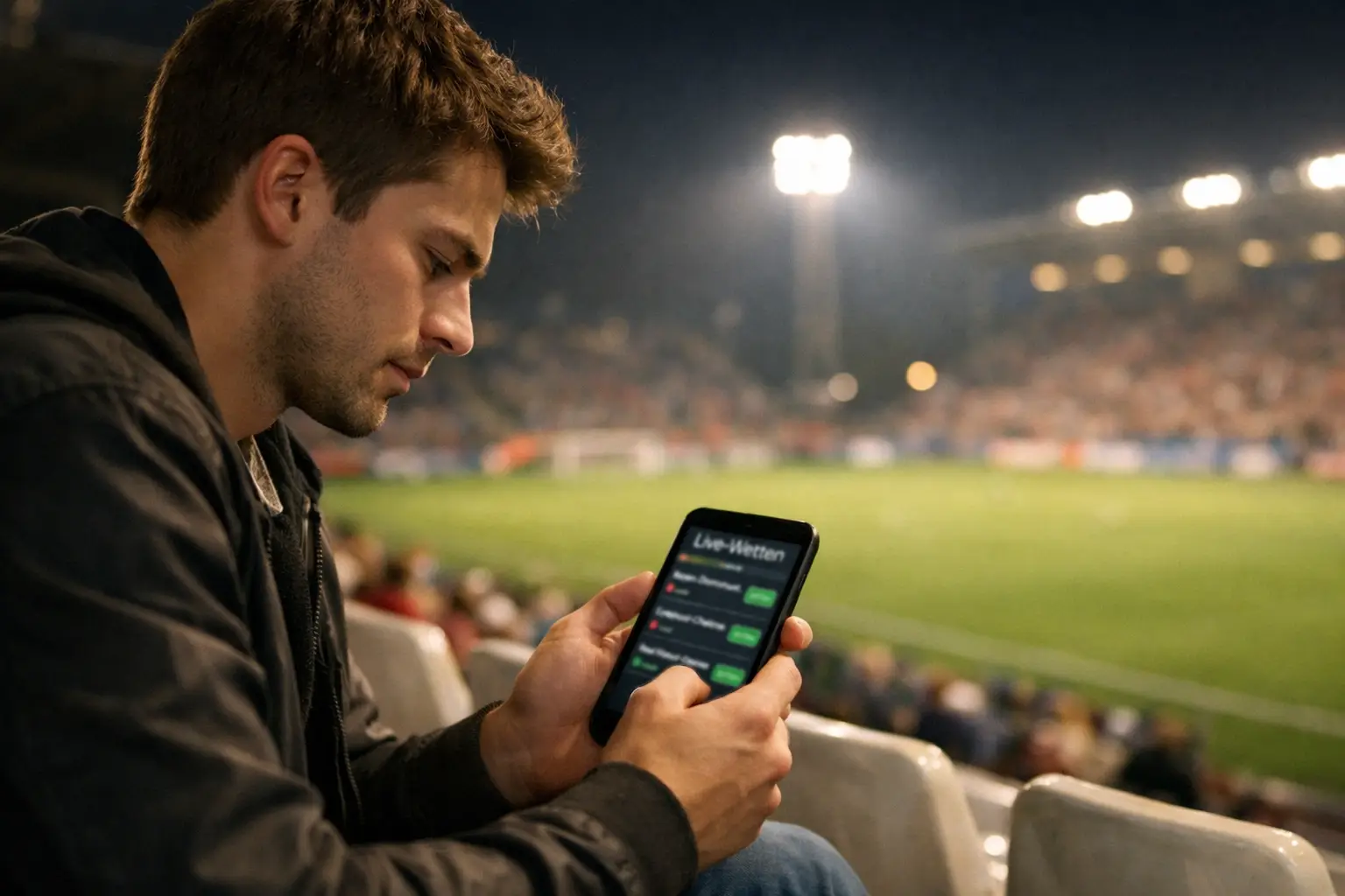 Junger Mann mit Smartphone verfolgt ein Fußballspiel im Stadion bei Flutlicht