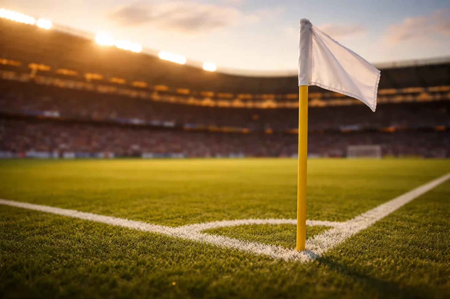 Nahaufnahme einer Eckfahne auf einem grünen Fußballfeld