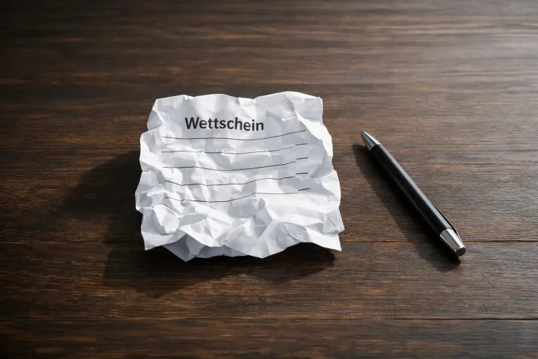 Zerknüllter Wettschein auf einem Tisch neben einem Stift