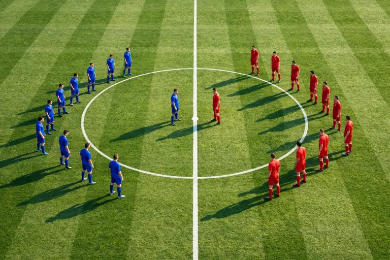 Fußballfeld mit einer weißen Mittellinie und zwei Mannschaften in Aufstellung