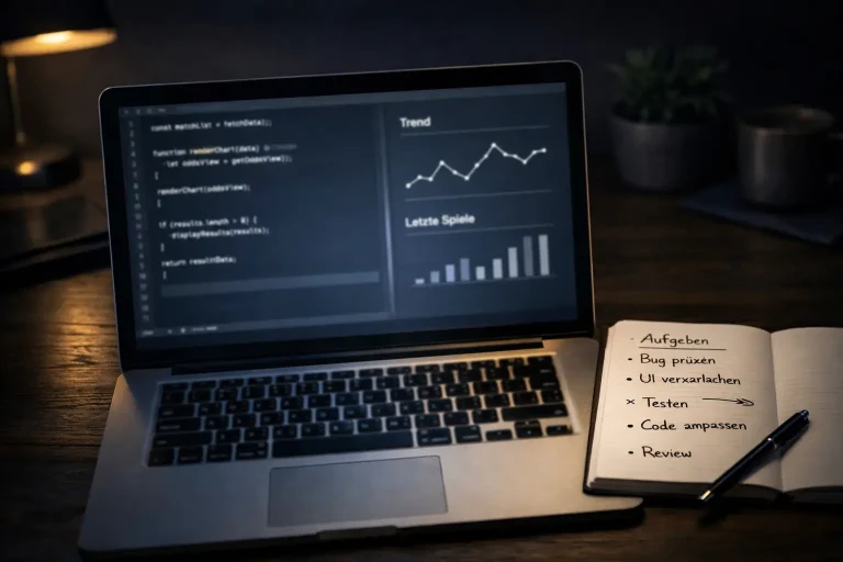 Person arbeitet am Laptop mit Code und Fußballdaten auf dem Bildschirm