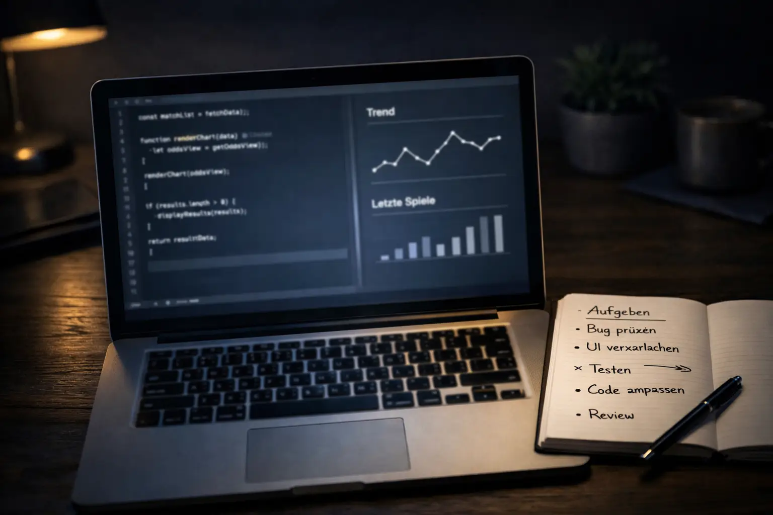 Person arbeitet am Laptop mit Code und Fußballdaten auf dem Bildschirm