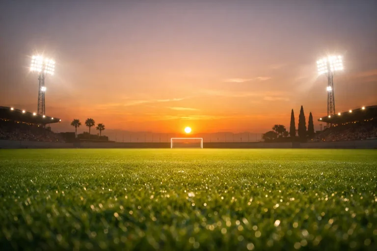 Mediterranes Fußballstadion bei Sonnenuntergang mit warmem Licht über dem Rasen