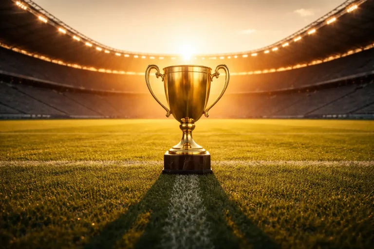 Goldener Pokal auf einem Rasen in einem leeren Fußballstadion bei Sonnenuntergang