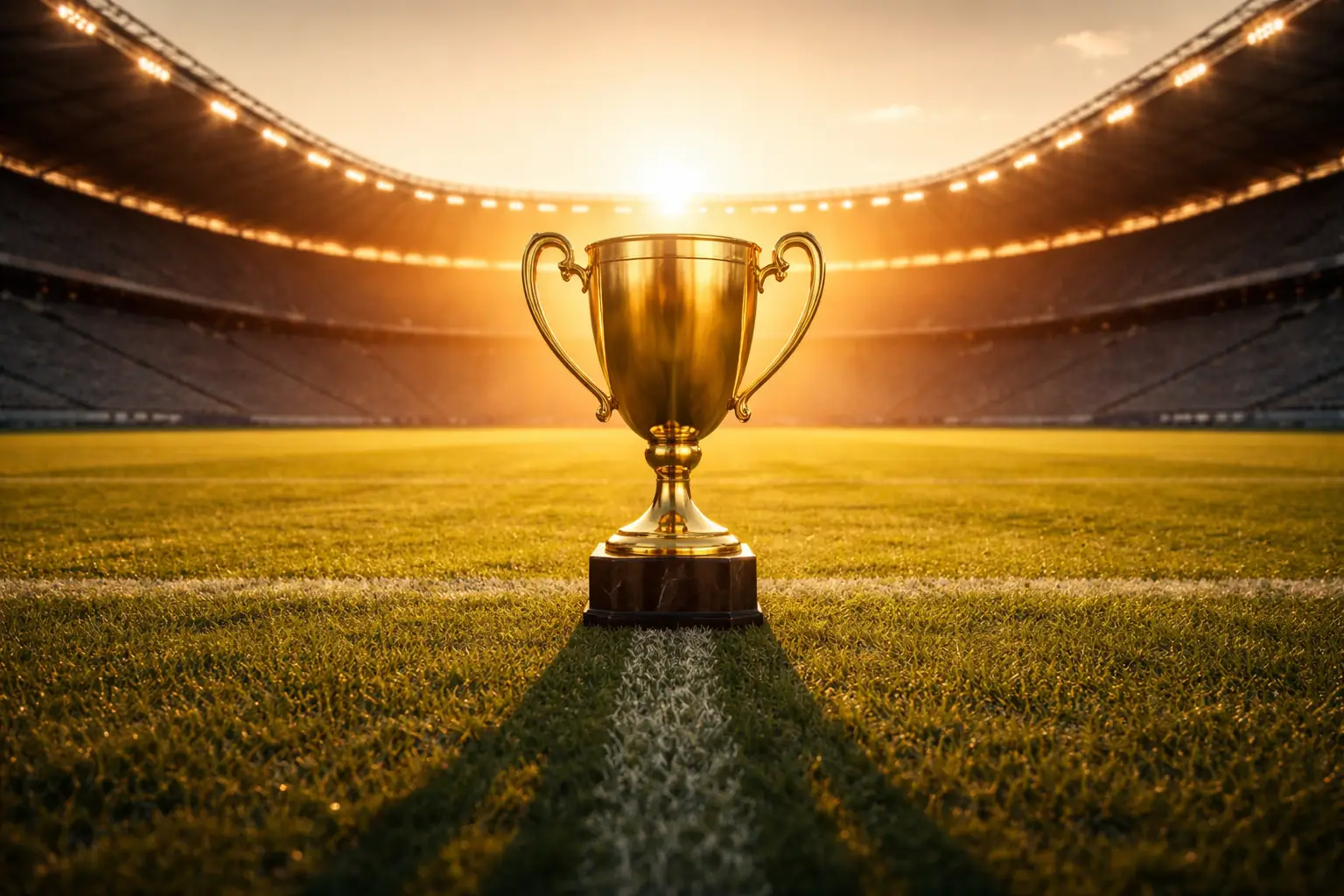 Goldener Pokal auf einem Rasen in einem leeren Fußballstadion bei Sonnenuntergang