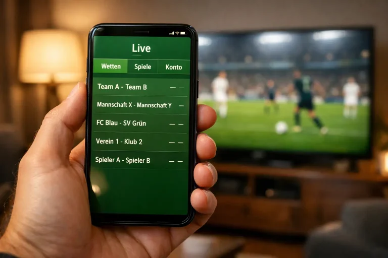 Fußballspiel im Fernseher während eine Person ein Smartphone mit Wettseite hält