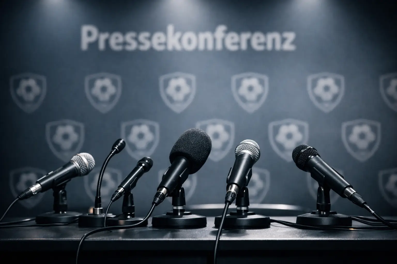 Pressekonferenz-Tisch mit Mikrofonen vor einem Fußball-Vereinslogo im Hintergrund
