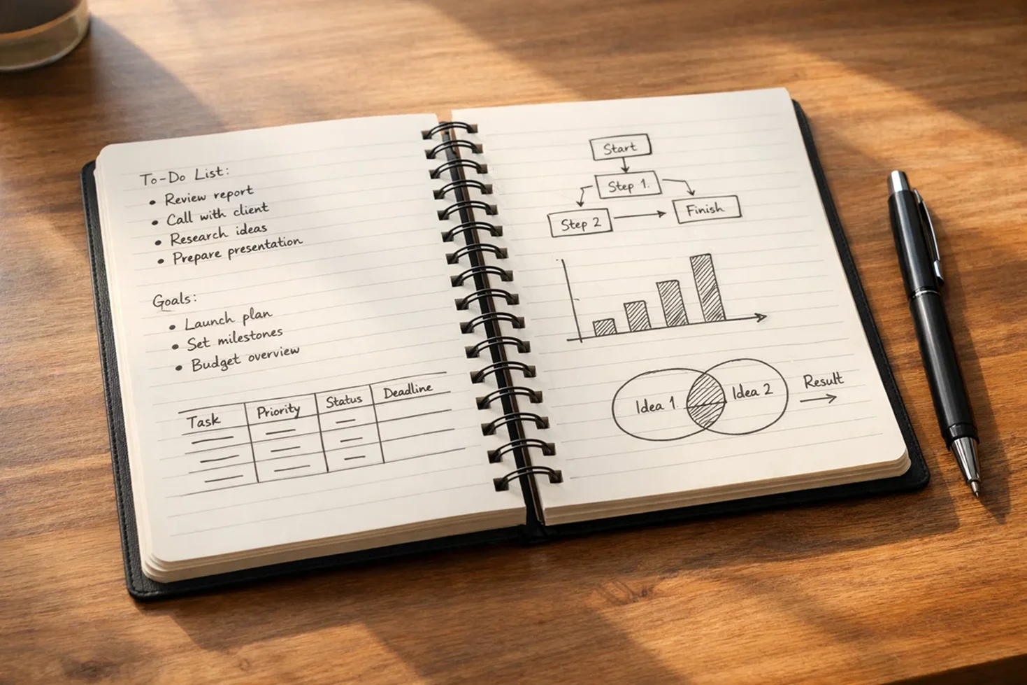 Notizbuch mit handschriftlichen Notizen zur Planung und Dokumentation