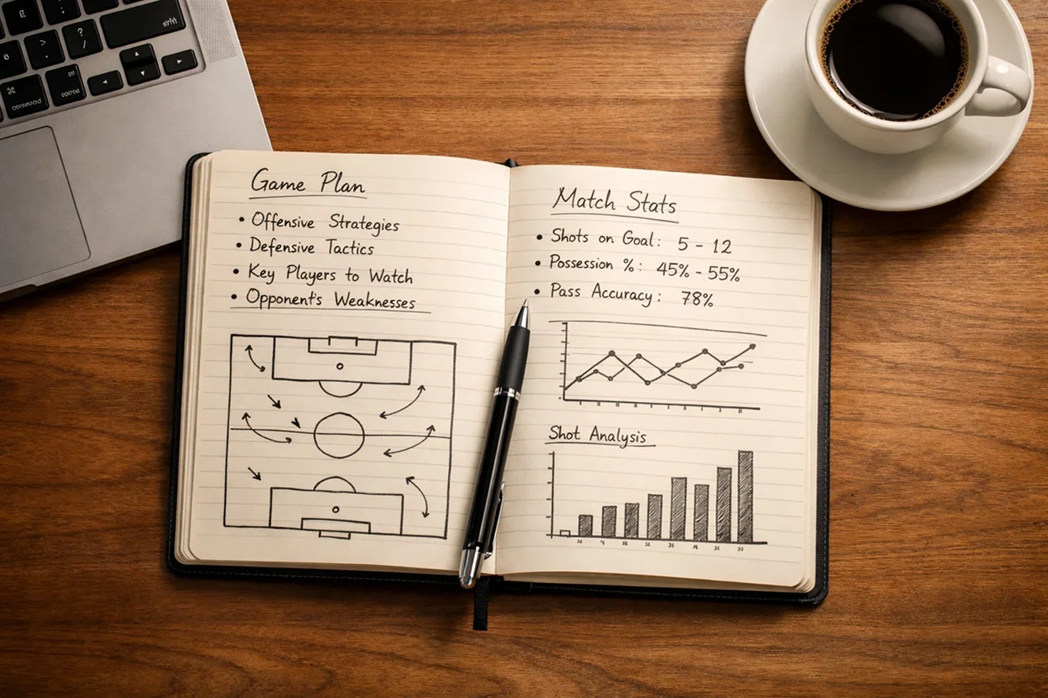 Schreibtisch mit Notizen, Stift und Laptop zur Wettanalyse
