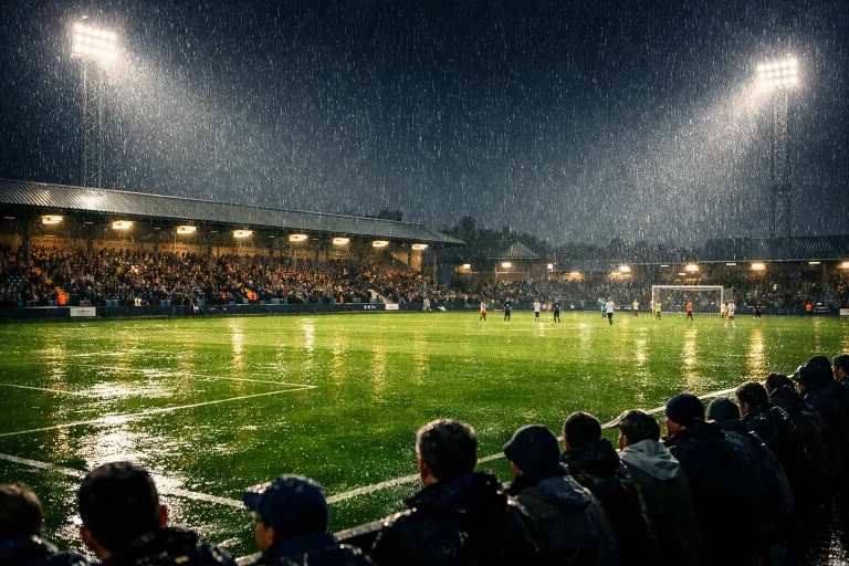 Englisches Fußballstadion bei Regen mit leuchtend grünem Rasen und Flutlicht