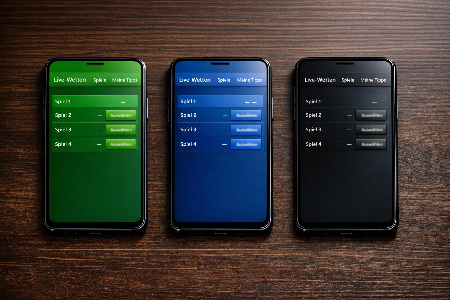 Mehrere Smartphones nebeneinander zeigen verschiedene Wettanbieter-Quoten