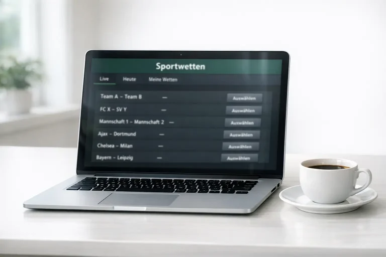 Laptop auf einem Schreibtisch zeigt eine Sportwetten-Webseite mit Fußballspielen