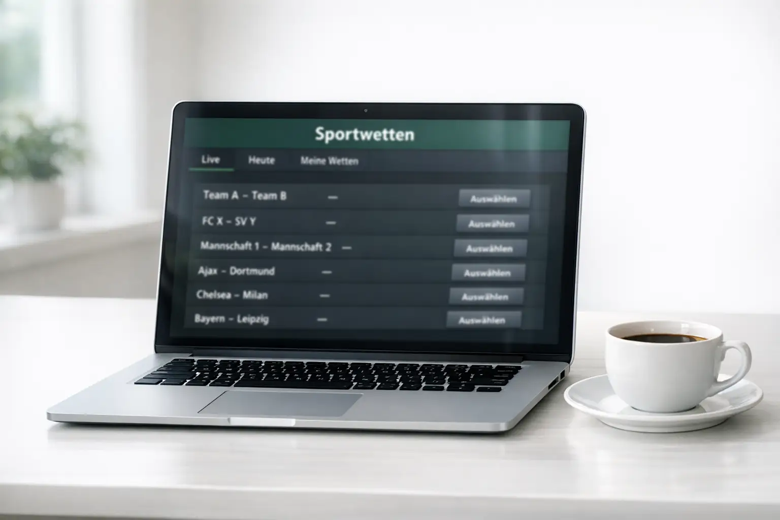 Laptop auf einem Schreibtisch zeigt eine Sportwetten-Webseite mit Fußballspielen