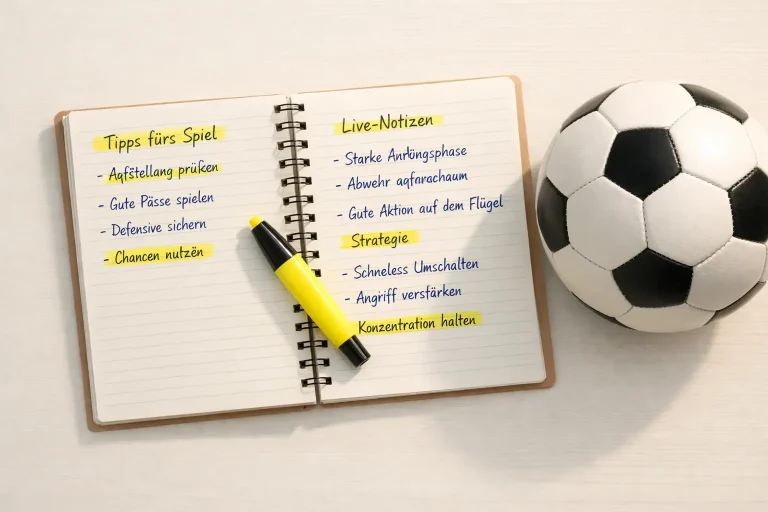 Aufgeschlagenes Notizbuch mit handschriftlichen Notizen neben einem Fußball