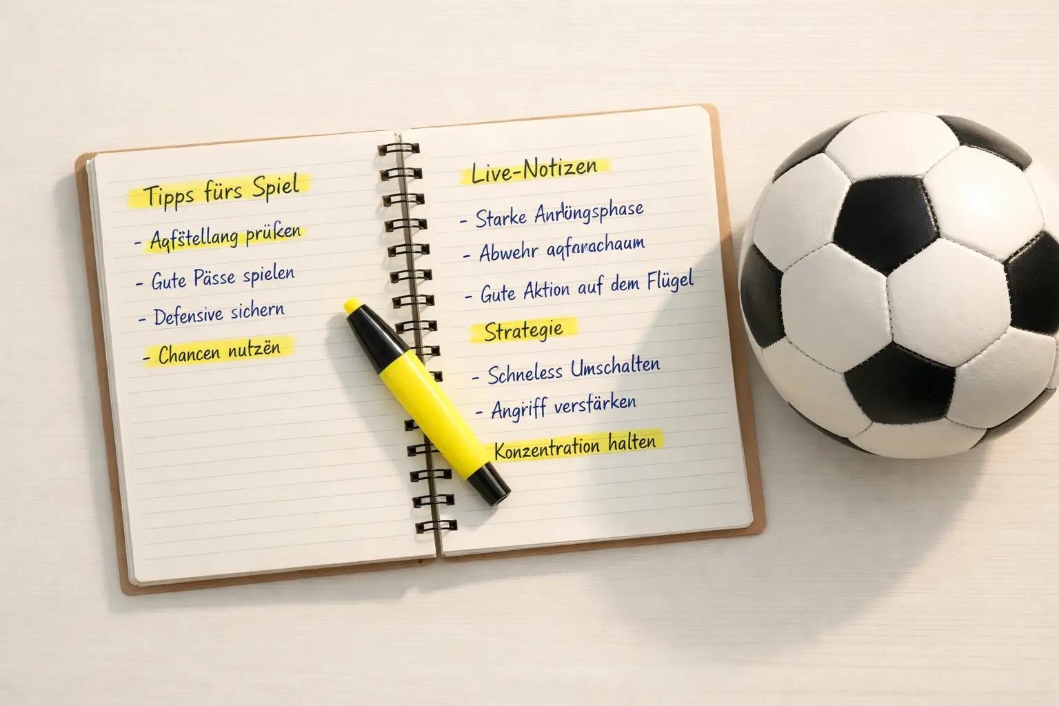 Aufgeschlagenes Notizbuch mit handschriftlichen Notizen neben einem Fußball