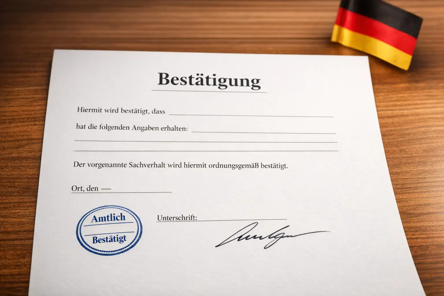 Dokument mit einem offiziellen Stempel und einer deutschen Flagge im Hintergrund