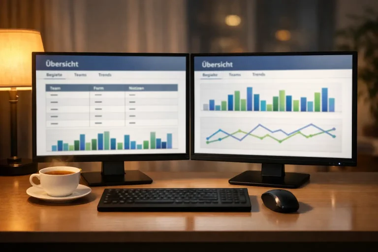 Zwei Monitore auf einem Schreibtisch zeigen Fußball-Statistikseiten mit Diagrammen