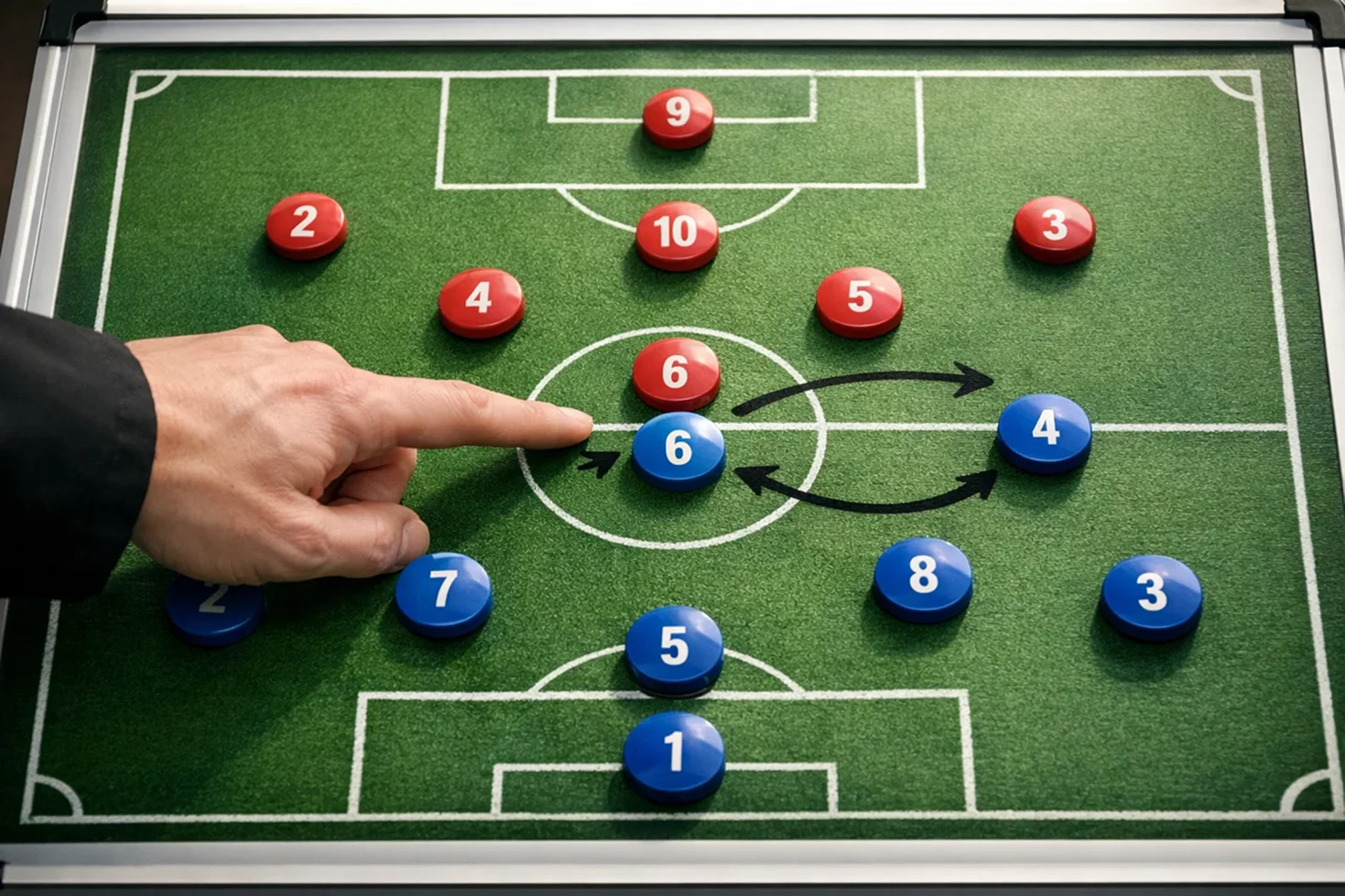 Taktiktafel mit Fußballformationen und Spielzügen für die Mannschaftsanalyse
