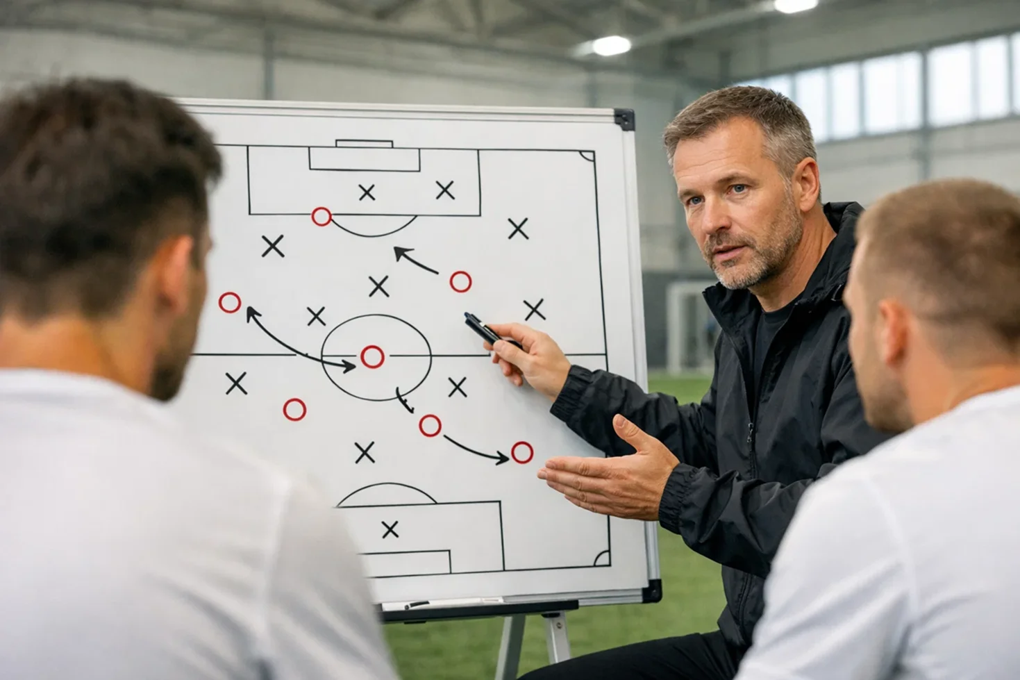 Fußballtrainer erklärt Taktik an einer Taktiktafel vor Spielern