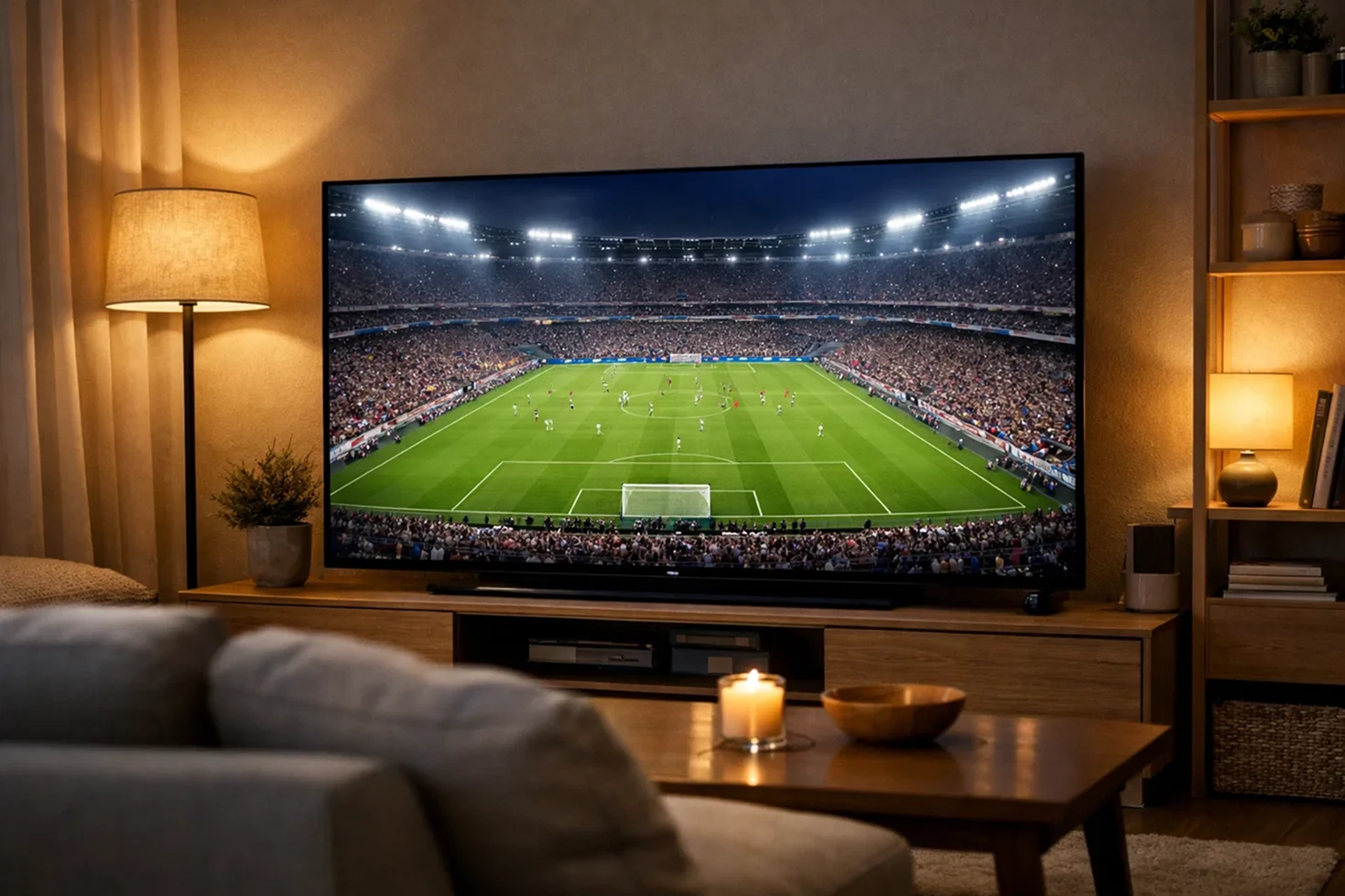 Fernsehbildschirm zeigt Fußballspiel-Übertragung in Wohnzimmer