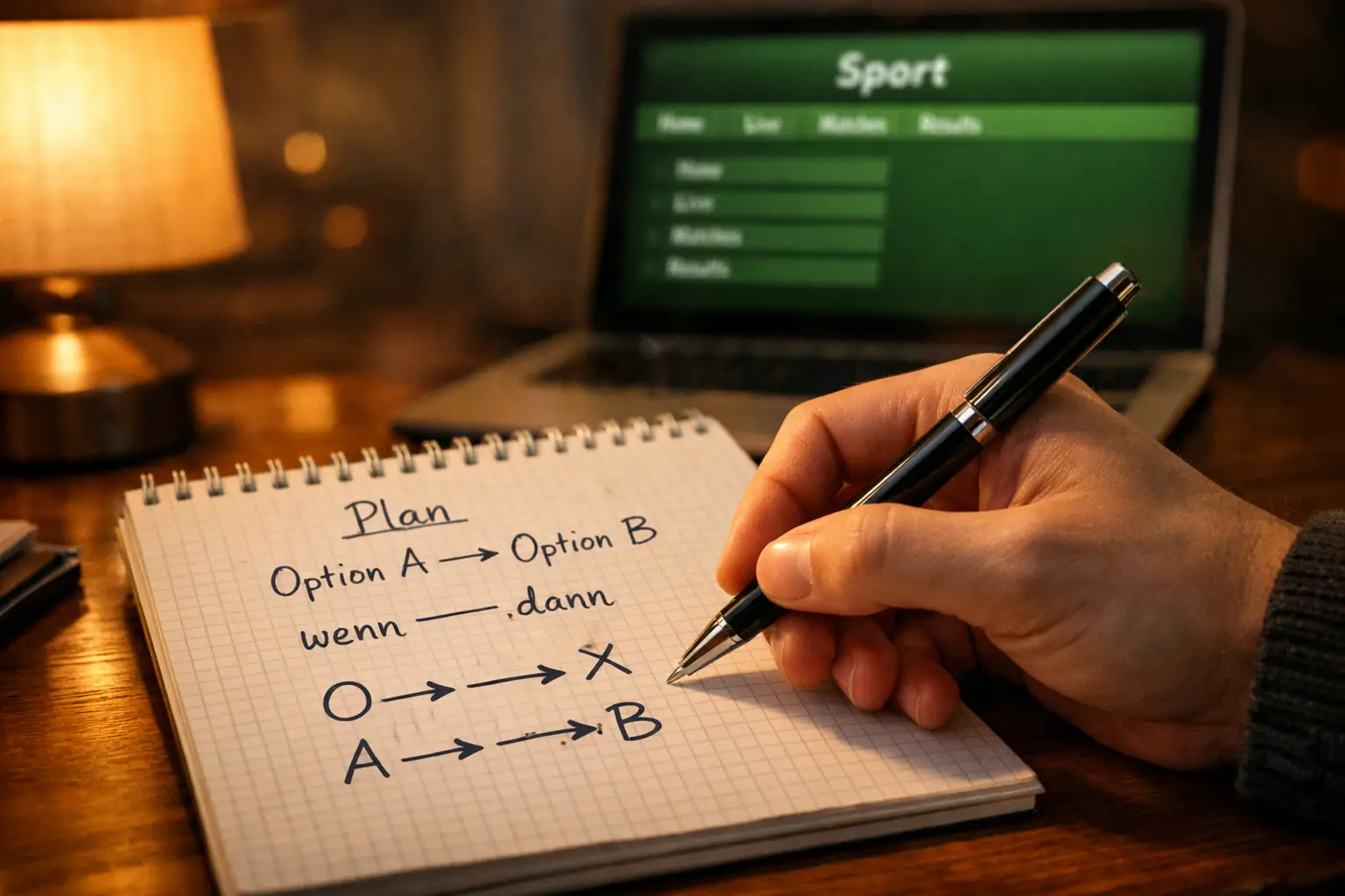 Person analysiert Fußballstatistiken auf einem Notizblock mit Stift in der Hand