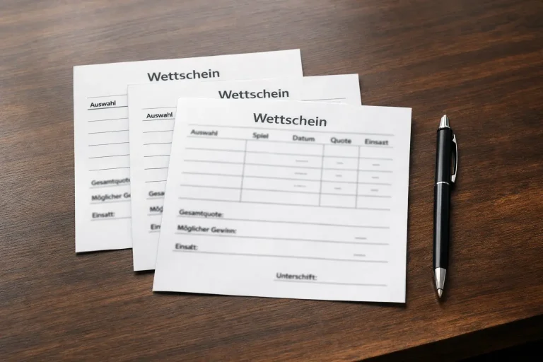 Drei Wettscheine nebeneinander auf einem Holztisch mit einem Kugelschreiber