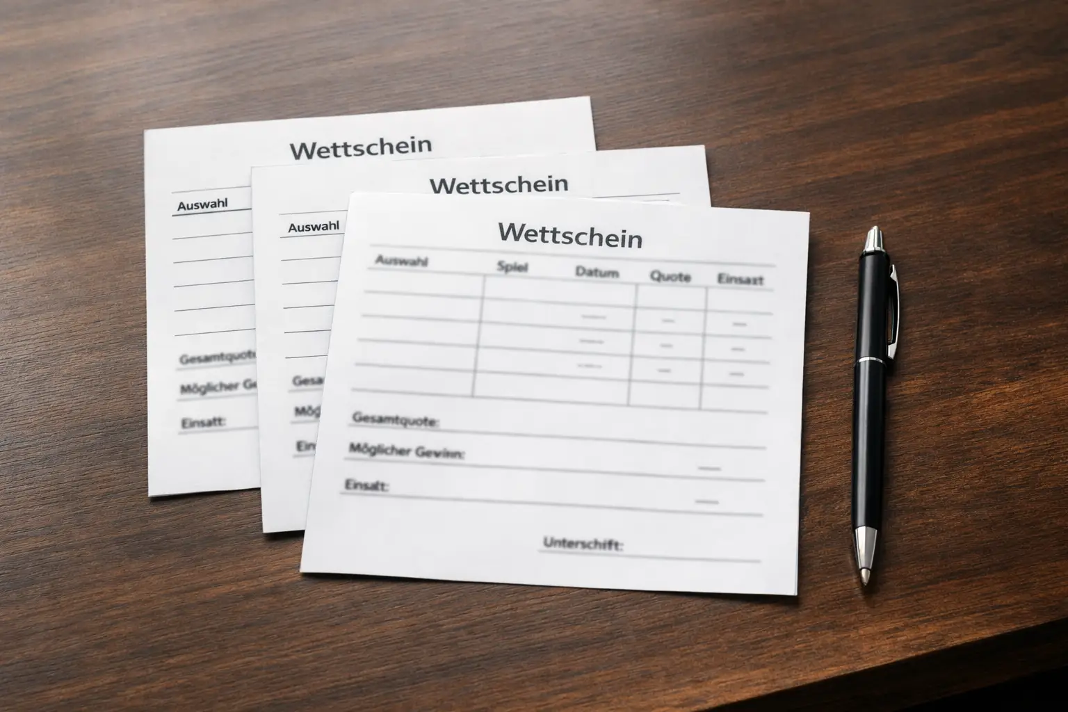 Drei Wettscheine nebeneinander auf einem Holztisch mit einem Kugelschreiber