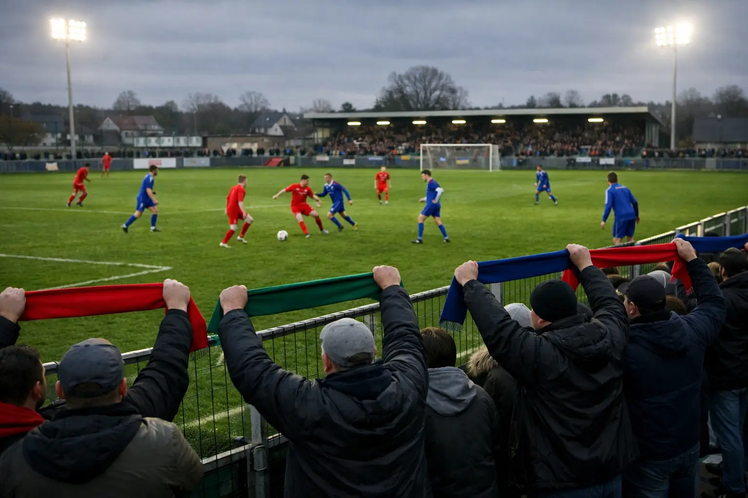 Kleines Fußballstadion mit engagierten Fans und einem nahbaren Spielfeld